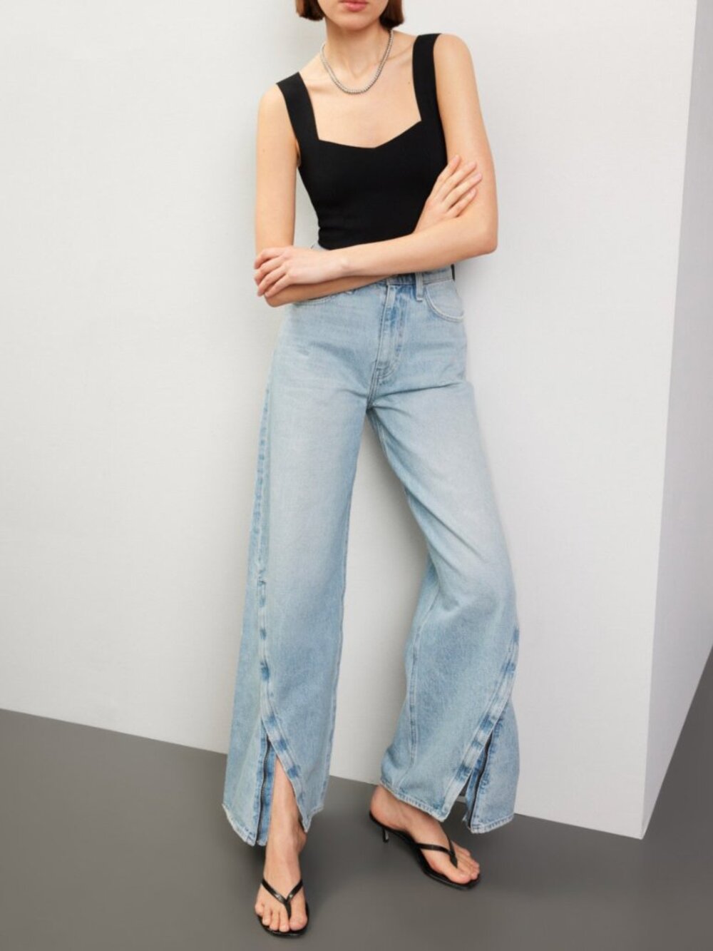 High-Rise Light Blue Wide Leg Jeans with Split Hem